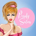 Pin up style beautiful woman portrait with speech bubble beauty salon, pop art comic girl looking forward illustration Royalty Free Stock Photo