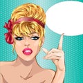 Pin up style beautiful woman portrait with speech bubble, pop art comic girl looking forward illustration Royalty Free Stock Photo