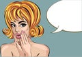 Pin up style dreaming woman portrait with speech bubble, pop art girl looking up face, Royalty Free Stock Photo