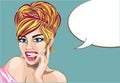 Pin up style dreaming woman portrait with speech bubble, pop art girl looking up face, Royalty Free Stock Photo