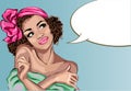 Pin up style dreaming woman portrait with speech bubble, pop art girl looking up face, Royalty Free Stock Photo