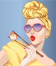 Pin-up style woman eating sushi, japanese food. Pop Art girl, heart sunglasses, head turban, Royalty Free Stock Photo