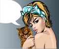 Pin up style woman portrait with cat, pop art girl speech bubble,