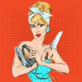 Pin-up woman portrait with knife and iron