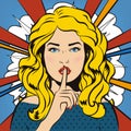 Pin up woman putting her forefinger to her lips for quite silence. Pop art comics style. Vector illustration. Pop art girl says sh Royalty Free Stock Photo