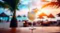 Pina colada alcohol cocktail on table at beach cafe modern restaurant. Vacation summer background Royalty Free Stock Photo