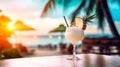 Pina colada alcohol cocktail on table at beach cafe modern restaurant. Vacation summer background Royalty Free Stock Photo