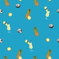 Pina Colada blue vector seamless pattern. Pineapple, coconut and Pina Colada