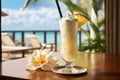 Pina colada cocktail in a cafe by the sea Royalty Free Stock Photo