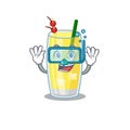 Pina colada cocktail mascot design swims with diving glasses