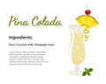 Pina colada cocktail with place for ingredients and recipe isolated on a white background. Cocktail card template. Royalty Free Stock Photo