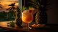 Pina Colada Cocktail at sunset in a close-up shot, macro shot - made with Generative AI tools Royalty Free Stock Photo