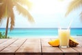 Pina colada cocktail on wooden table and paradisiacal beach with the sea in the background. Copy space. Ai generative