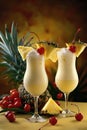 Pina colada cocktails garnished with pineapple wedges and cherries. Studio photography with tropical bar concept. Design for menu