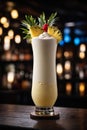 Pina colada in a glass on a bar counter, generative AI