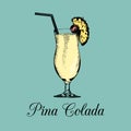 Pina colada glass isolated. and drawn sketch of traditional cocktail with slice of pineapple,cherry and straw.Party icon Royalty Free Stock Photo