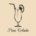 Pina Colada glass isolated. Hand drawn sketch of cocktail with slice of pineapple, cherry and straw for menu design. Royalty Free Stock Photo