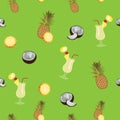 Pina Colada green vector seamless pattern. Pineapple, coconut and Pina Colada.