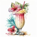 Classic Cocktail Pina Colada Refreshing Watercolor Clipart, Isolated on White Background - Generative AI Royalty Free Stock Photo