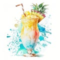 Refreshing Classic Cocktail Pina Colada Watercolor Clipart, Isolated on White Background - Generative AI Royalty Free Stock Photo