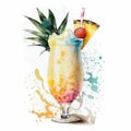 Refreshing Classic Cocktail Pina Colada Watercolor Clipart, Isolated on White Background - Generative AI Royalty Free Stock Photo