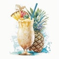 Refreshing Cocktail Pina Colada Watercolor Clipart, Isolated on White Background - Generative AI Royalty Free Stock Photo