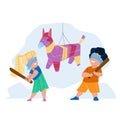 Pinata Hitting Little Boy And Girl On Party Vector