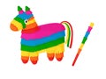 Pinata. Mexican pinata horse with candy and stick. Mexican holiday and carnival.