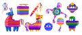 Pinata party icon. Birthday hitting by stick horse, carnival with candy and paper, mexican donkey confetti and ribbons Royalty Free Stock Photo
