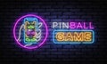 Pinball game neon sign vector design template. Pinball game in smartphone, neon concept, light banner, design element Royalty Free Stock Photo