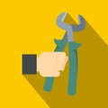 Pincer or plier in man hand icon, flat style