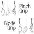 Pinch grip and blade grip of throwing knife, kunai