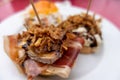 Pinchos and tapas from the basque country for the appetizer. Tradition of bilbao in weekend Royalty Free Stock Photo