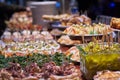 Pinchos and tapas typical of the Basque Country, Spain. Selection of different types of foods to choose from. San Sebastian
