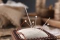 Pincushion with sewing needles and pins, closeup