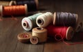 Pincushion spools thread craft on wooden table. Generate ai Royalty Free Stock Photo