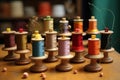 Pincushion spools thread on wooden table. Generate ai Royalty Free Stock Photo