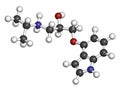 Pindolol beta blocker drug molecule. 3D rendering. Atoms are represented as spheres with conventional color coding: hydrogen (