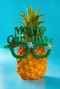 Pine apple wears a pair of glasses with Merry Christmas on blue Royalty Free Stock Photo