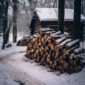 Stack material winter snow forest log nature background wood trees firewood brown Royalty Free Stock Photo