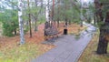 Among the pine and birch trees in the city park is a walkway of concrete tiles. Next to it there is a urn and a metal and wood ben Royalty Free Stock Photo