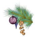 Pine branch with Christmas balls and bells digital watercolor style illustration isolated on white. Spruce decoration Royalty Free Stock Photo