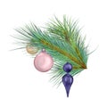 Pine branch with Christmas balls digital watercolor style illustration isolated on white. Cedar, conifer decoration hand Royalty Free Stock Photo