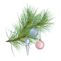 Pine branch with Christmas balls digital watercolor style illustration isolated on white. Cedar, conifer decoration hand Royalty Free Stock Photo