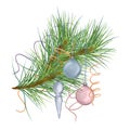 Pine branch with Christmas balls, serpentine digital watercolor style illustration isolated on white. Xmas tree Royalty Free Stock Photo