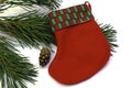 pine branch pine cone and santa claus stocking on a white background Royalty Free Stock Photo