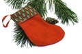 pine branch pine cone and santa claus stocking on a white background Royalty Free Stock Photo