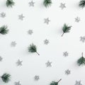 Pine branch, silver snowflake and star over white