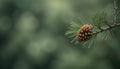 A pine branch with a single pinecone and green needle leaves, set against a softly blurred forest background. Royalty Free Stock Photo