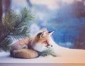 A pine branch on a snowy window ledge, with a small fox